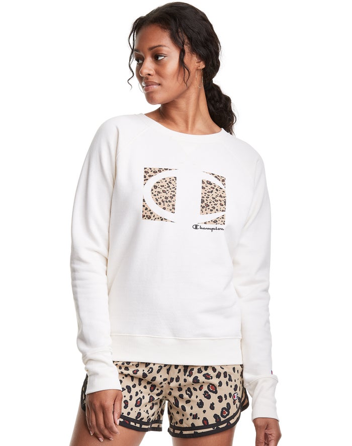 Champion Dame Sweatshirt Hvide - Powerblend Fleece Crew Leopard Colorblock Logo - Danmark WUV-208547